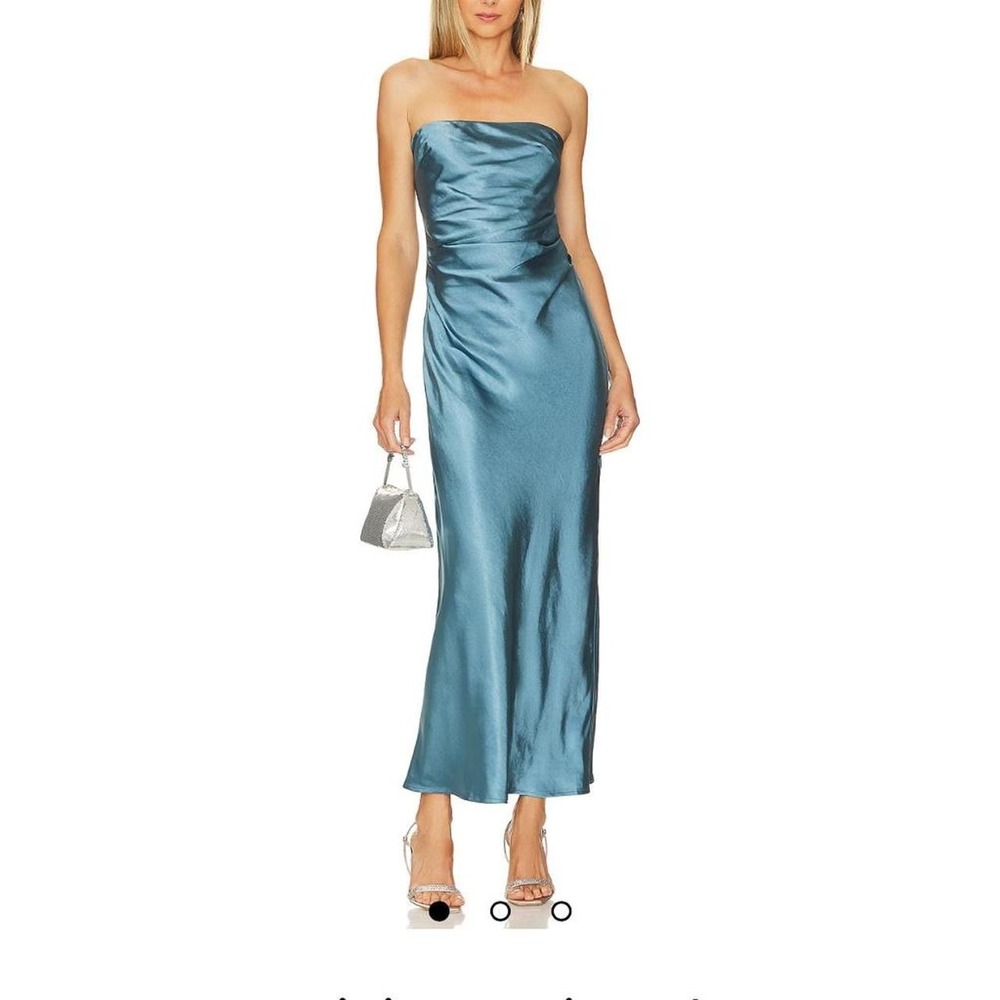 Runaway the Label Kristin Dress in Steel Blue Strapless Silky Dress